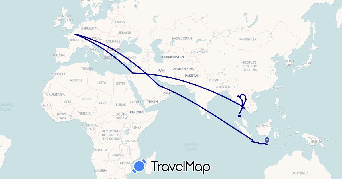 TravelMap itinerary: driving in France, Indonesia, Jordan, Laos, Qatar, Thailand (Asia, Europe)